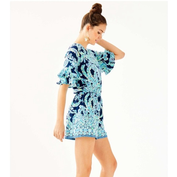 Lilly Pulitzer Lula Romper High Tide Navy Scuba Doo Engineered Shorts Size Small - Picture 2 of 13